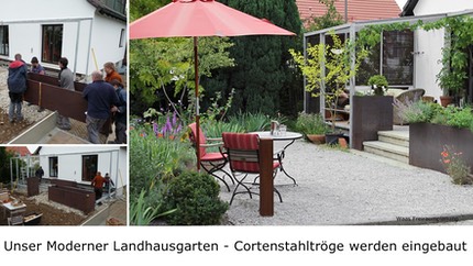 Gartenplanung Waas Renate Corten-Stahl-Trog Moderner Landhausgarten Einbau vorher-nachher